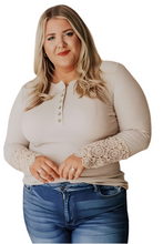 Load image into Gallery viewer, Apricot Lace Splicing Ribbed Long Sleeve Plus Size Top