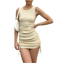 Load image into Gallery viewer, Beige Drawstring Ruched Sleeveless Ribbed Knit Bodycon Mini Dress