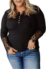 Load image into Gallery viewer, Black Lace Splicing Ribbed Long Sleeve Plus Size Top
