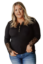 Load image into Gallery viewer, Black Lace Splicing Ribbed Long Sleeve Plus Size Top