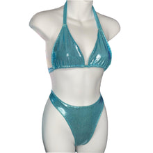 Load image into Gallery viewer, Metallic Blue Slide Triangle Top & High Leg Bikini Set