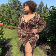 Load image into Gallery viewer, Plus Size Leopard V Neck Wrap Dress w/ Thigh High Split