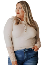 Load image into Gallery viewer, Apricot Lace Splicing Ribbed Long Sleeve Plus Size Top
