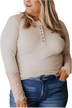 Load image into Gallery viewer, Apricot Lace Splicing Ribbed Long Sleeve Plus Size Top
