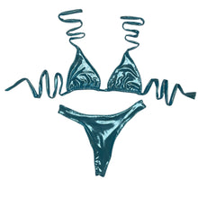 Load image into Gallery viewer, Metallic Blue Slide Triangle Top &amp; High Leg Bikini Set
