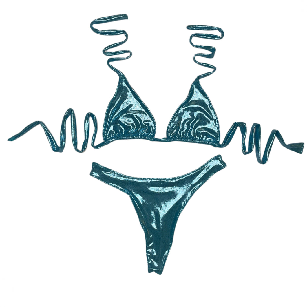 Metallic Blue Slide Triangle Top & High Leg Bikini Set