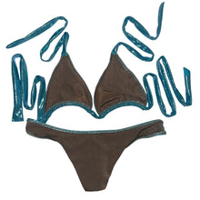 Load image into Gallery viewer, Metallic Blue Slide Triangle Top &amp; High Leg Bikini Set
