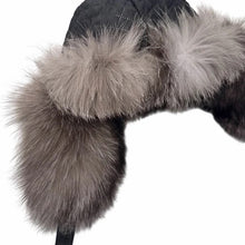 Load image into Gallery viewer, Rabbit Fur Trim Quilted Black Winter Trapper Hat
