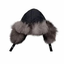 Load image into Gallery viewer, Rabbit Fur Trim Quilted Black Winter Trapper Hat

