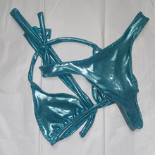 Load image into Gallery viewer, Metallic Blue Slide Triangle Top &amp; High Leg Bikini Set

