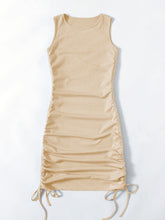 Load image into Gallery viewer, Beige Drawstring Ruched Sleeveless Ribbed Knit Bodycon Mini Dress
