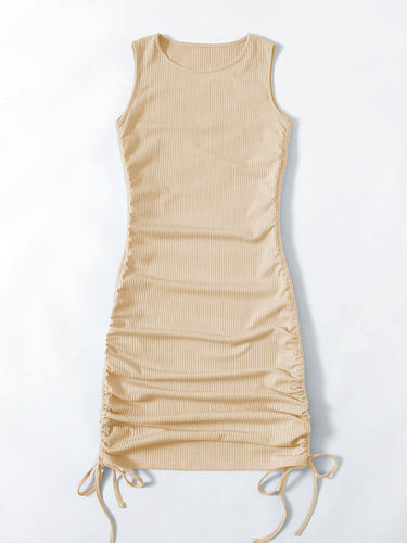 Beige Drawstring Ruched Sleeveless Ribbed Knit Bodycon Mini Dress