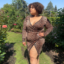 Load image into Gallery viewer, Plus Size Leopard V Neck Wrap Dress w/ Thigh High Split
