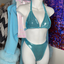 Load image into Gallery viewer, Metallic Blue Slide Triangle Top &amp; High Leg Bikini Set
