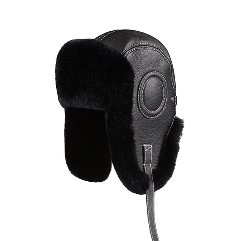 Mens Aviator Rabbit Fur Sheepskin Genuine Leather Hat