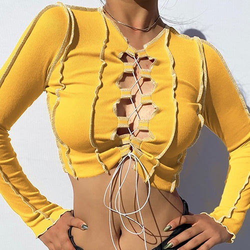 Yellow Lace Up Crop Top